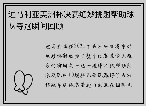 迪马利亚美洲杯决赛绝妙挑射帮助球队夺冠瞬间回顾